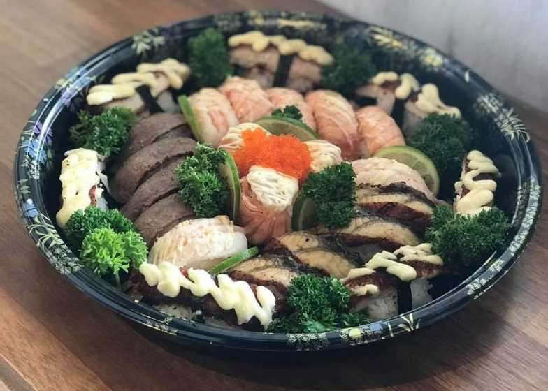 Aburi Platter (salmon, prawn, wagyu, unagi, chicken, scallop) - at On a Roll Sushi Birtinya